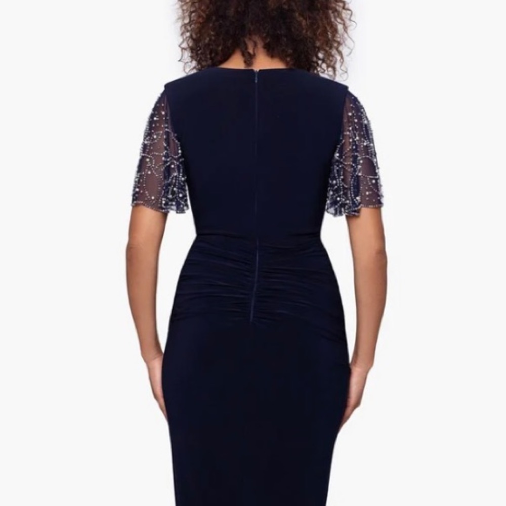 BETSY & ADAM Plus Beaded Flutter Sleeve V-Neck Ruffled Slit Gown in Navy/Silver - Picture 4 of 5